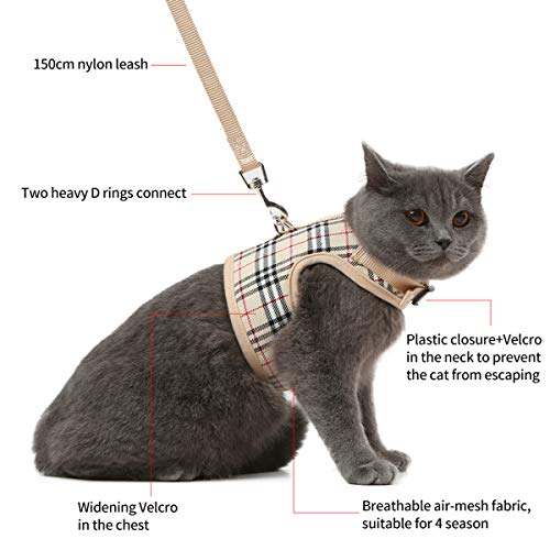 WZPB Cat Harness and Leash Set- Adjustable Soft Mesh Cat Harness for Walking Escape Proof (S, Beige)