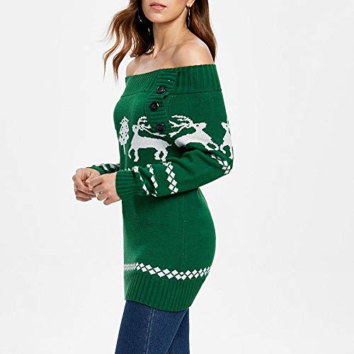 Women Off Shoulder Knitted Sweater Sweatshirt Christmas Tree Elk Print Pullovers Tops T-Shirt Dress Green