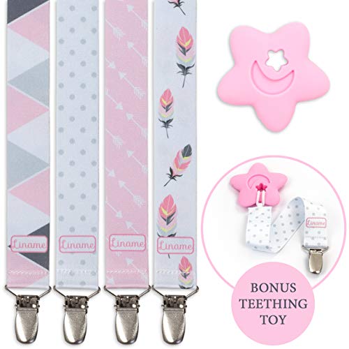 Liname Pacifier Clip for Girls with Bonus Teething Toy - 4 Pack Gift Packaging - Premium Quality & Unique Design - Pacifier Clips Fit All Pacifiers & Soothers - Perfect Baby Gift