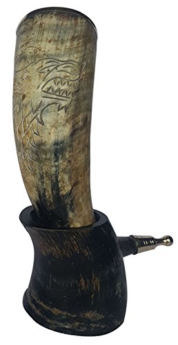 Bull Horn XXL Hand Engraved King Robb 'The Young Wolf' Handcrafted Drinking Horn 12-14