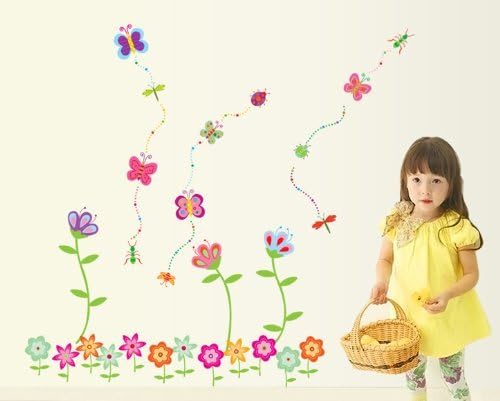 New Design Colorful Flowers with Butterfly Dragonfly and Ladybug DIY Wall Decal Flower Mural Sticker