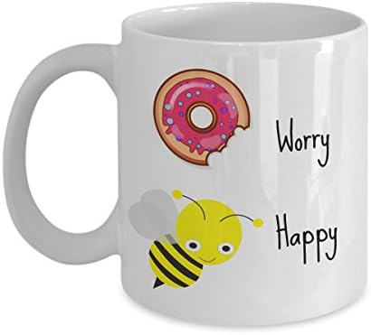 Donut Worry, Be Happy Mug - 11 oz Ceramic Coffee, Tea Cup Cute Gift