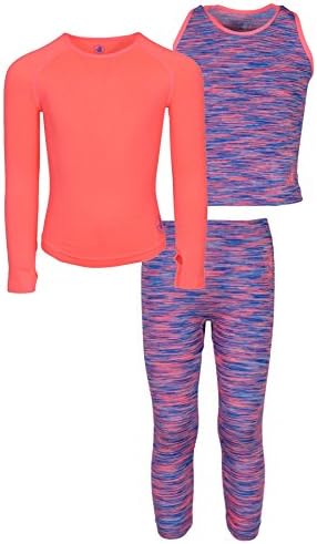 Body Glove Girls s 3 Piece Athletic Tank Top, Long Sleeve Shirt and Leggings Set, Space Dye Coral 4/5'
