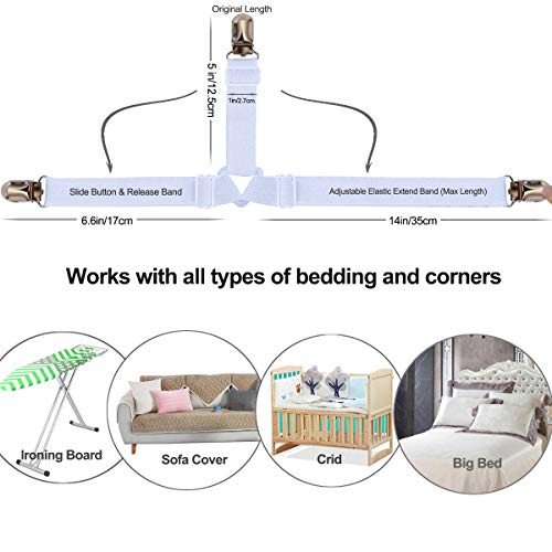 Bed Sheet Holders Straps Fasteners - 4 Pcs Triangle Sheet Fasteners Fitted Flat Sheet Corner Holder Elastic Adjustable Bed Band Sheet Holders Clip Suspenders Grippers White
