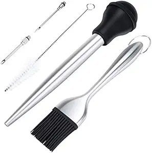 KALUDYA Turkey Baster for Cooking,Meat Baster Syringe with Cooking Brush,Injectors and Cleaning Brush,Stainless Steel Turkey Baster Metal, Black