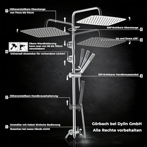 Görbach Stainless Steel Shower System without Taps, Chrome Rain Shower Set, Water Saving, Height Adjustable Shower Rail 74-114 cm, Shower Head XXL 35 x 25 cm