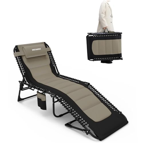 WKFAMOUT Folding Sun Lounger with 5 Adjustable Positions with Removable Pocket and Folding Sun Lounger Pillow, Max Load 120 kg for Camping, Beach, Garden, Outdoor, 190 x 59 cm, Khaki