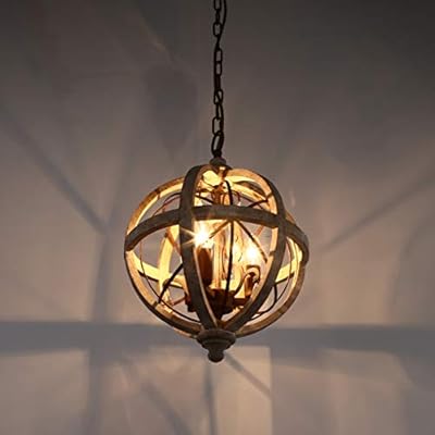KunMai Rustic Retro Weathered Wooden Globe Metal Orb Crystal 5-Light Chandelier Candle Style Wood Pendant Light Fixtures… 41YGW9OCPJL
