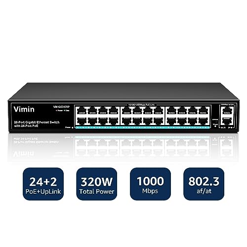 VIMIN 24 Port Gigabit PoE Switch with 2 Gigabit Uplink Port, 26 Port Unmanaged PoE Ethernet Switch with 320W Power, IEEE802.3af/at Compatible, VLAN, Metal Housing