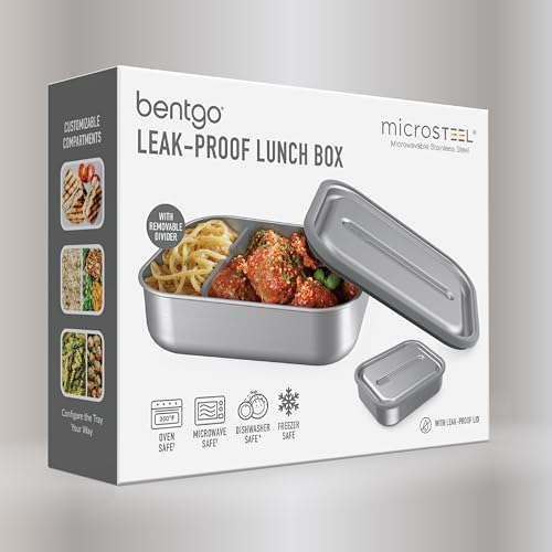 Bentgo MicroSteel Leak-Proof Lunch Box, Microwave-Safe and Oven-Safe Bento Container with Removable Divider, Airtight Lid, Stainless Steel, 5-Cup Capacity, BPA-Free (Stainless Steel)
