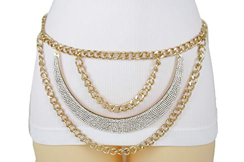 TFJ Women Fashion Belt Hip Waist Gold Metal Chain Waves Bling Plate Plus M L XL