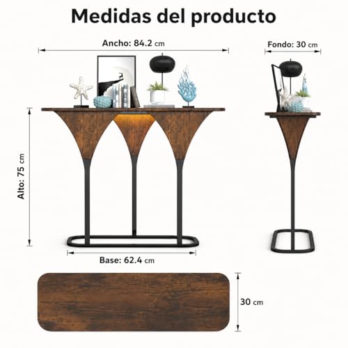 Uzelia Mesa de Consola con Luz LED 84.2x30x75 cm, Mesa Recibidor de Entrada, Mesa de Pasillo Estrecha, Mesa Auxiliar Decorativa de Madera y Metal para Sala y Espacios Reducidos, Marrón