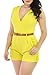 HOTAPEI Women Yellow V Neck Wrap Buckle Up Stylish Pants Romper with Belt Medium