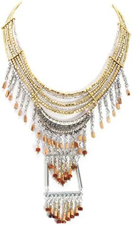 Taza-Gold-Silver-Tone Metal Wooden Beads Tassel Necklace