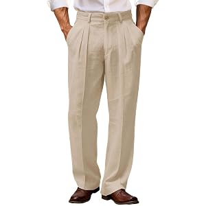 Men's Pleated Front Dress Pants Classic Fit Linen Trousers | Men's Linen Dress Pants Lightweight Pleated Front Relaxed Fit Bu