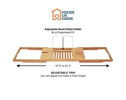 Bamboo Bathtub Caddy Tray With Extendable Slides, Adjustable Book/Tablet Holder. Cellphone/Candles Tray & Integrated Wineglass Holder.Plus Free Value Gift. One Year Warranty, By House Ur Home - Thumbnail 3