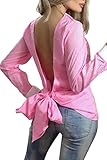 Simplee Apparel Women's Long Sleeve Backless Striped Blouse Shirt with Belt Pink