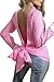 Simplee Apparel Women's Long Sleeve Backless Striped Blouse Shirt with Belt Pink