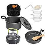 Deacroy Camping Cookware Mess Kit,Stackable Aluminum Lightweight Cooking Set,Nonstick Hard-Anodized Pots,Kettle,Pans & More with Mesh Carrying Bag for Backpacking, Hiking,Picnic