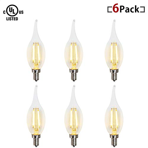 ZZ Lighting 2W LED Filament Flame Shape Bent Tip Candle Light Bulb 20W Incandescent Bulb Equivalent 2700K 160LM E12 Base(2W,6Pack)