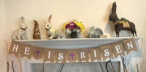 HE is Risen Burlap Banner - Easter Bunting Decoration with Crosses - Religious Holiday Bunting Wall Hanging - Ready to Hang Church Prop Decorations - by Jolly Jon Â®