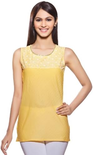 Womens Indian Ethnic Kurta Tunic Pintucked and Contrast Yoke Yellow X-Large