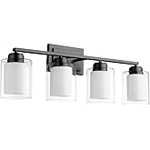 Quorum International Cameron 4-Light Vanity Light | Matte Black Finish with Clear & Opal Glass Shades | Transitional Bathroom