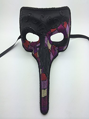Laser Cut Medieval Plague Doctor Face Design Masquerade Halloween Mask - Black w/ Purple Glitter Checker Pattern