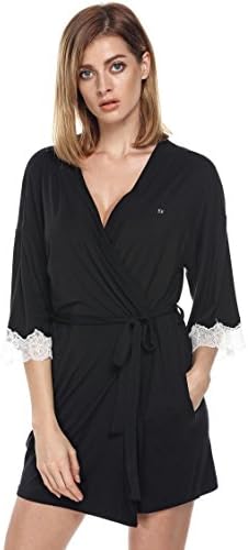 Goodfans Women Sexy Kimono Robe Cotton Bathrobes Lace Short Sleeve Knit Bath Robe for Bride and Bridesmaid