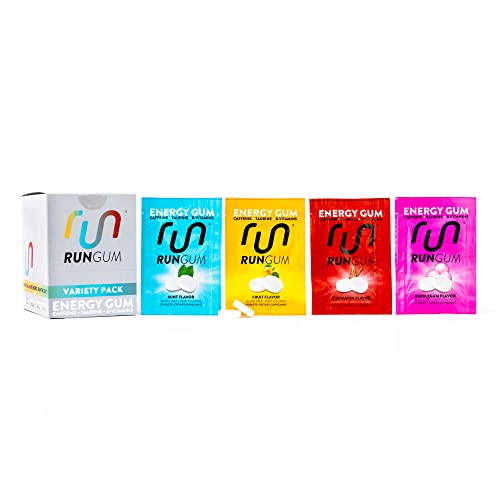RUN GUM Variety Pack Energy Gum 50mg Caffeine Taurine & BVitamins per Piece, 24 Pieces (Pack of