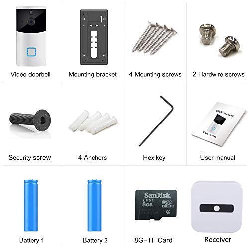 Xelparuc Wi-Fi Enabled Wireless Video Doorbell with HD 720P Camera Image, Night Vision, Motion Detetion Compatible with iOS/Android Smartphone APP Control (Two Rechargeable Batteries, USB Cable, RECE