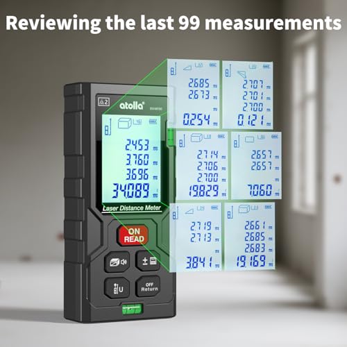 atolla Telémetros Láser 60M Medidor Laser de Distancia Alta Precisión ±2 mm, Distanciometro Laser con LCD Pantalla Almacenamiento de Datos, Medición de Pitagórico/Distancia/Área/Volumen, IP54