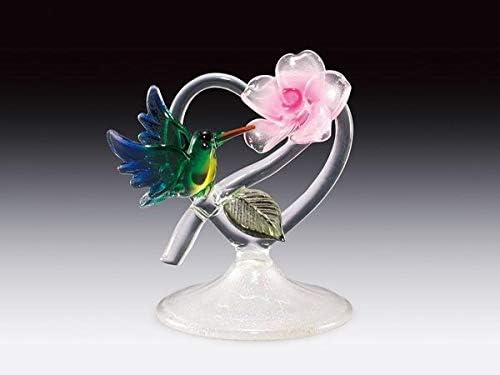 DAR Giftware Blown Glass Hummingbird and Flower on Heart Figurine Collectible 4 Inches Tall