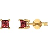 14K Yellow Gold Plated 925 Sterling Silver Push back Dainty Stud Earrings for Women - 0.5 cttw Princess Cut Natural Garnet