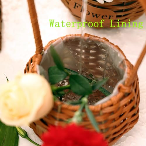 Set of 4 Flower Basket with Handle, QENUIITEA Imitation Rattan Woven Picnic Basket with Plastic Waterproof Lining, Flower Girl Baskets for Wedding Valentine\'s Day, Storage Basket for Home Decor