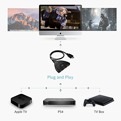 Yantop 3-Port HDMI Switch Splitter with Micro USB Charging Cord and Pigtail Cable, Support 3D & Full HD 1080P, 3 Input 1 Output HDMI Hub Extender Adapter, for Apple TV(with HDMI Port) PS3 PS4 TV Box