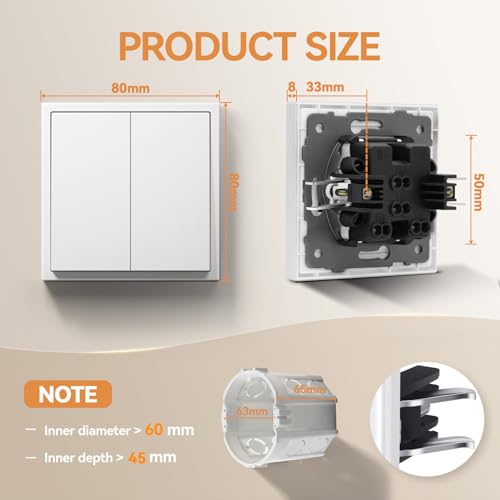 BSEED Light Switch With Matt,Wall Light Switch with Hook,Push Button,Easy Installation,C-Series,2 Gang 2 Way,80mm White