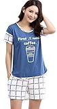 Betusline Women Short Sleeves Pajama Interesting Prints Plaids Shorts Blue