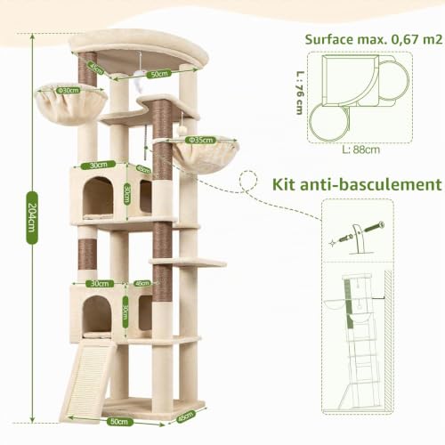 Globlazer Beige XXL Cat Tree Corner for Large Cats 204 cm with 2 Large Kennels 45 x 30 x 30 cm, Huge Platform, Sisal Board, Basket, Stable Cat Trees Indoor Rest Scratching Playing (C80, Beige)