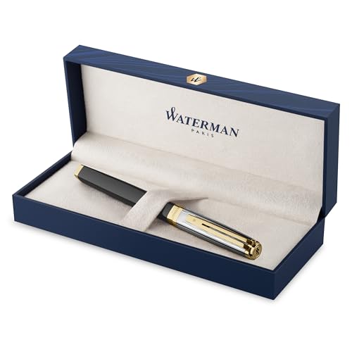 Waterman Exception Fountain Pen | Metal & Black Lacquer with Gold trim & Chiselled cap | 18K Gold Medium Nib | Blue Ink | Gift Box