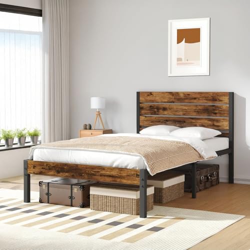 Marco de Cama Individual con Cabecera y Pie de Cama, Base de Cama con Cabecera Individual Espacio de Almacenamiento Debajo de Cama, Base Cama con Sistema de Soporte Totalmente de Metal, Fácil Montaje
