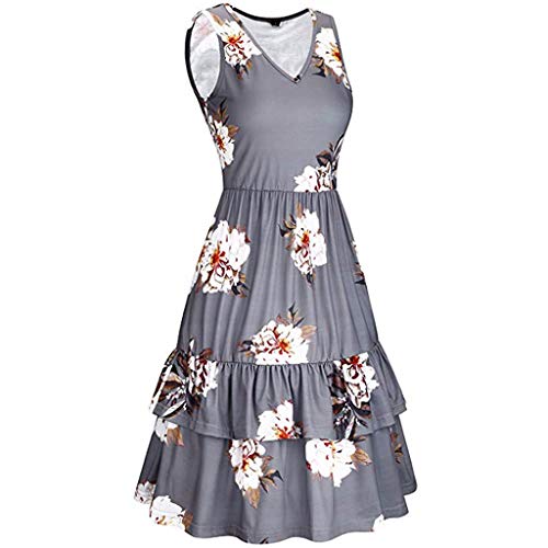 Witspace Women's Beach Summer V-Neck Floral Printed Sleeveless Ruffle Swing Dress - Thumbnail 2