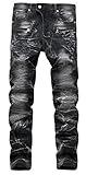 Aiyino Men's Ripped Slim Straight Fit Biker Jeans With Zipper Deco,US 32,Black