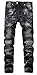 Aiyino Men's Ripped Slim Straight Fit Biker Jeans With Zipper Deco,US 32,Black