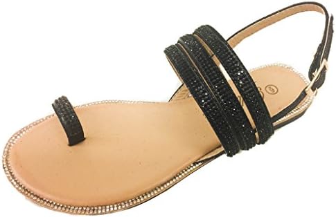 Bella Luna Amber-09x Black 11 Women Rhinestone Bejeweled Flat Sandal ~ T-Strap Thong Slide On ~ Slingback Ankle Strap Wedding Bridesmaid ~ RUNS ONE SIZE SMALL~