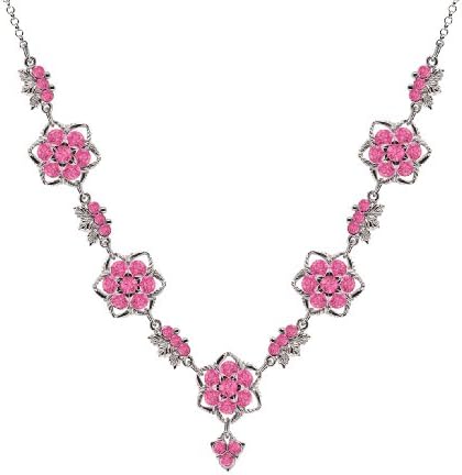 .925 Sterling Silver Necklace Designed by Lucia Costin with Star Shaped Flowers Surrounded by Twisted Lines, Ornate with Fancy Charm and Pink Swarovski Crystals