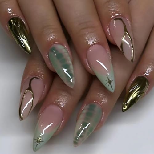 24 Pcs Fall Winter Press on Nails Short Almond - YEFIUO Pink Fake Nails Press ons Green French Nail Art Tip Full Cover Acrylic Glossy False Nails Glue on Nails Kit with Starburst Line Design for Women