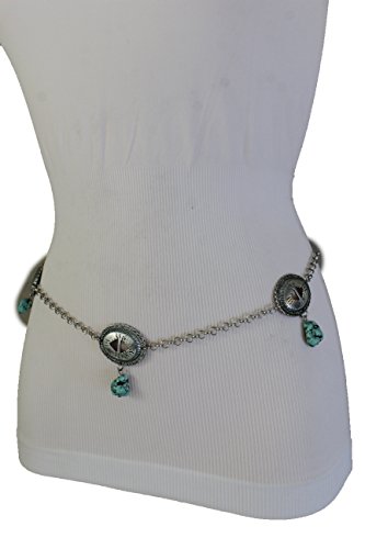 TFJ Women Fashion Belt Silver Metal Chain Cowboys Charms Cross Hip Waist Turquoise Blue Beads M L XL