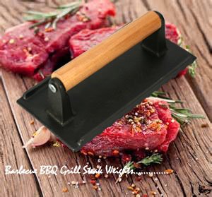 Artestia 8" by 4" Barbecue BBQ Grill Steak Weight, Heavy Weight, Hamburger Bacon Sausage Grill Press with Wood Handle, Commercial Grade, Cast Iron, Weight 2.2 pounds - Image 3