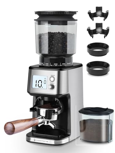 Homtone Electric Coffee Grinder with Conical Grinder – Coffee Mill with 51 Grinding Levels, Removable Holder, Container Included – for Espresso, Filter Coffee, Cold Brew (Acciaio Inox)